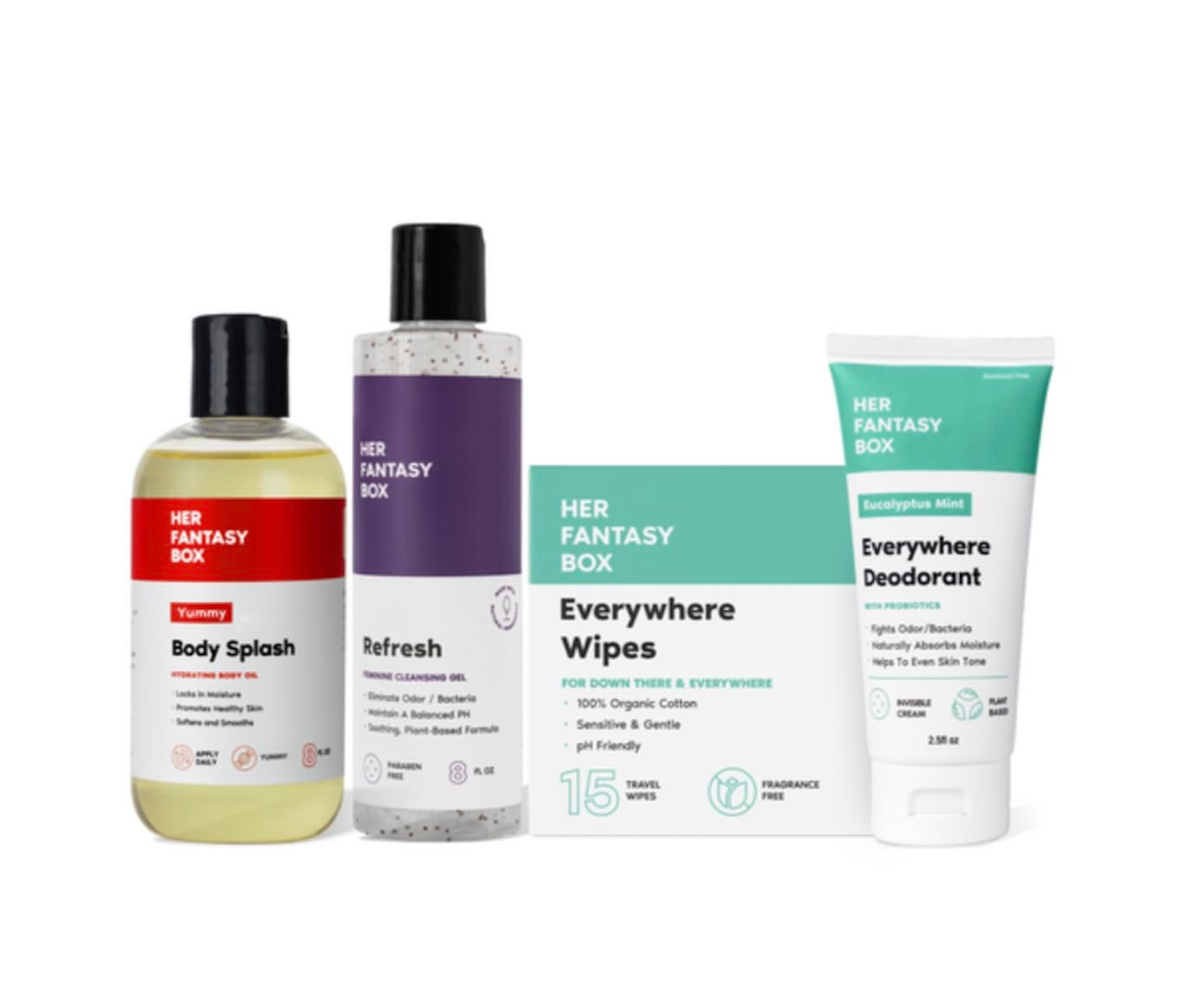 Her Fantasy Box | Soft & Clean Body Hygiene Kit – 4-Piece Feminine Care Set with Refresh pH-Balanced Wash, Yummy Body Splash, Everywhere Wipes & Deodorant – Odor-Control, Sensitive Skin Safe