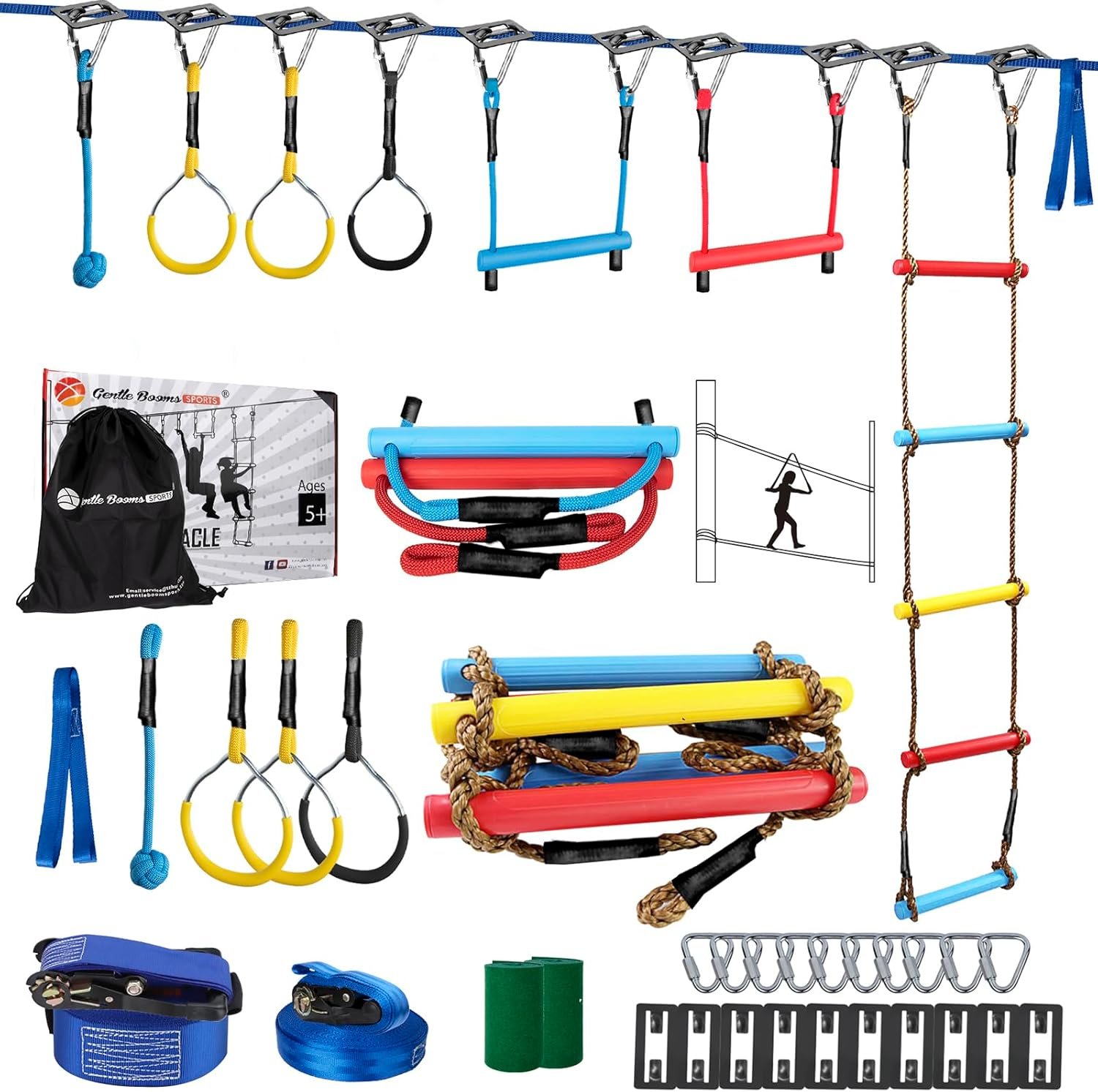 Ninja Warrior Obstacle Course for Kids, 2×56ft Slackline Kit with 8 Ninja Accessories - Monkey Bar, Rope Ladder, Gymnastic Ring, Arm Trainer and Monkey Fist